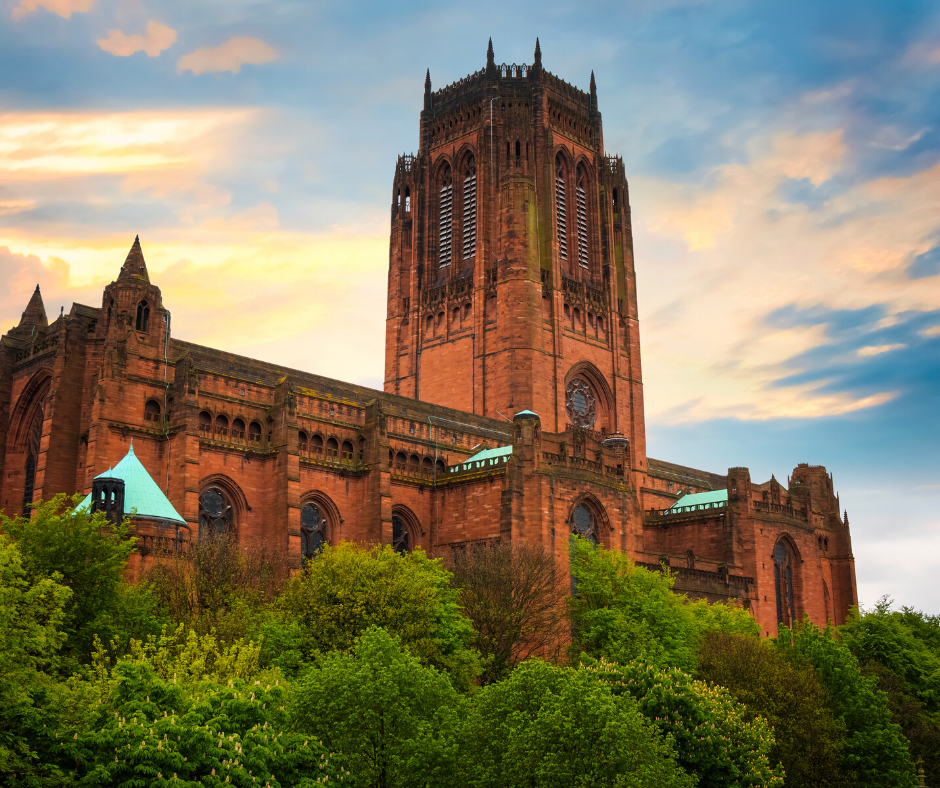 Liverpool Cathedral on the hill at sunset